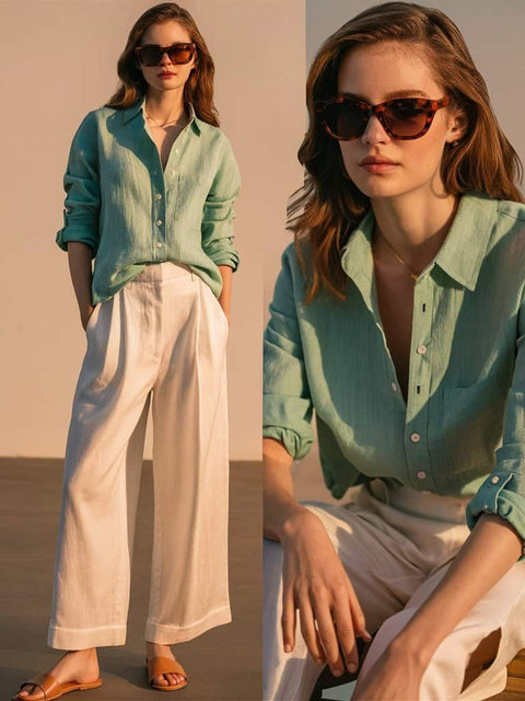 Set Áo Sơ Mi Và Quần Ống Rộng Mặc Đi Làm Cũng Sang Hết Nấc Set Áo Sơ Mi Và Quần Ống Rộng Mặc Đi Làm Cũng Sang Hết Nấc