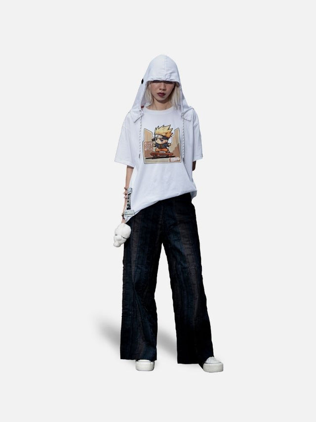 Áo Hoodie Tay Ngắn Oversize Naruto Chibi Fanart