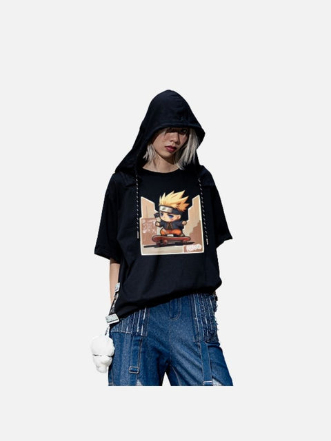 Áo Hoodie Tay Ngắn Oversize Naruto Chibi Fanart