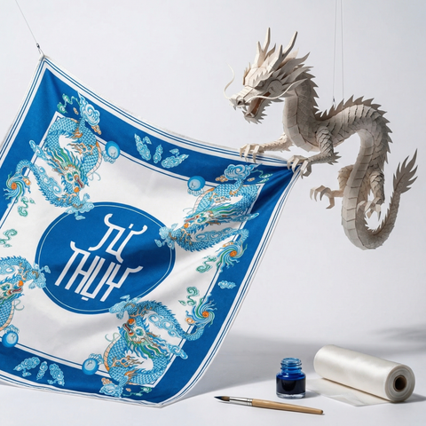 Khăn Lụa Tứ Linh Họa Tiết Rồng 55x55 cm